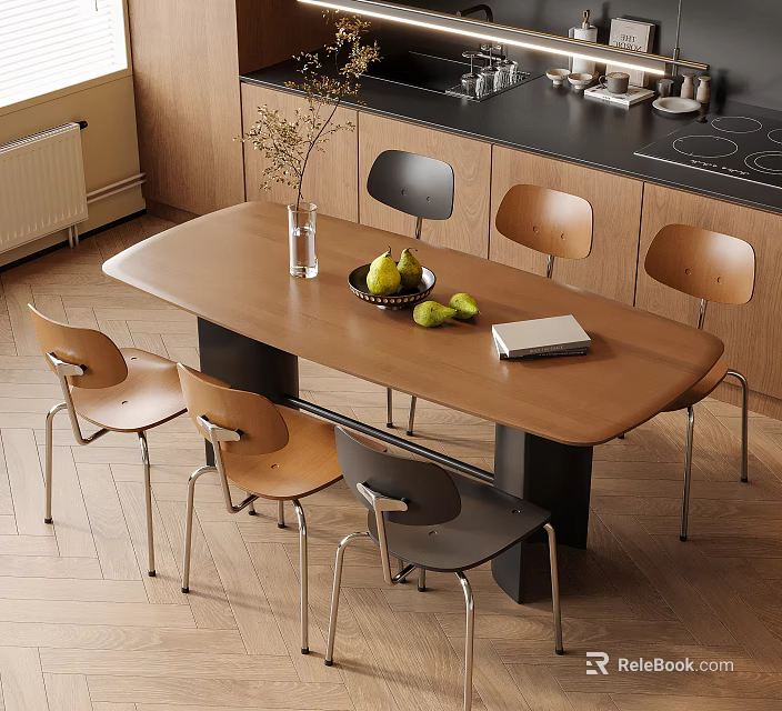 Wooden Dining Table with Brown Black Chairs Fruit Bowl Vase and Notebook in Kitchen Area 3d model 