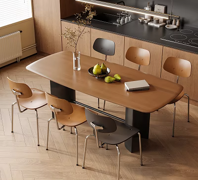 Wooden Dining Table with Brown Black Chairs Fruit Bowl Vase and Notebook in Kitchen Area 3d model