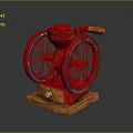 Red Vintage Kitchen Appliance With Wooden Base And Decorative Grinding Wheels