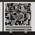 Abstract Painting Featuring Black White Gray Geometric Shapes With Blue Accents Hanging On Wall