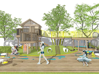 Playground Equipment With Tree House Aerial Walkway Green Trees Wooden Deck And Children Playing 3d model
