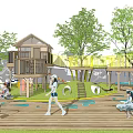 Playground Equipment With Tree House Aerial Walkway Green Trees Wooden Deck And Children Playing