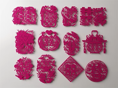 Red Paper Cut Wall Decor with Various Double Happiness Characters Floral Designs and Auspicious Motifs 3d model