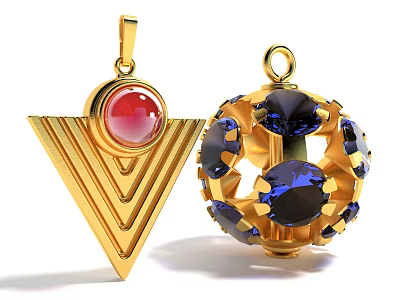 Elegant Gold Plated Jewelry Pendants With Triangular And Spherical Designs And Red Blue Gemstones 3d model