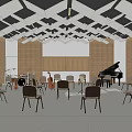 School Music Classroom Interior With Piano Chairs Musical Instruments And Wooden Walls