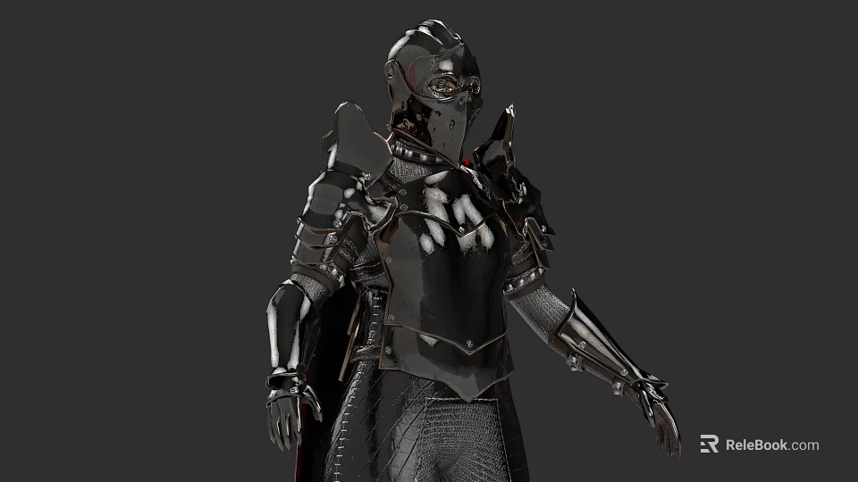 Game and Movie Character in Black Metallic Armor with Helmet and Shoulder Plates 3d model 
