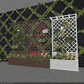 Charming Garden Decor with Black Wall Green Vines Lattice Trellis Hanging Baskets and Colorful Flowers