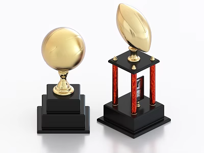 Gold Trophy Awards With Golden Sphere Rugby Shape And Black Base Red Pillars 3d model
