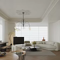 Modern Dining and Living Room Interior Design With Chandelier Sofa Coffee Table And Green Plants