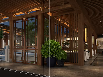 Traditional Chinese Garden Landscape With Wooden Structure Glass Windows And Green Plants In Dining Area 3d model