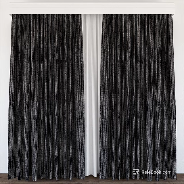 Dark Colored Textured Vertical Curtains Closed On White Wall Background 3d model 