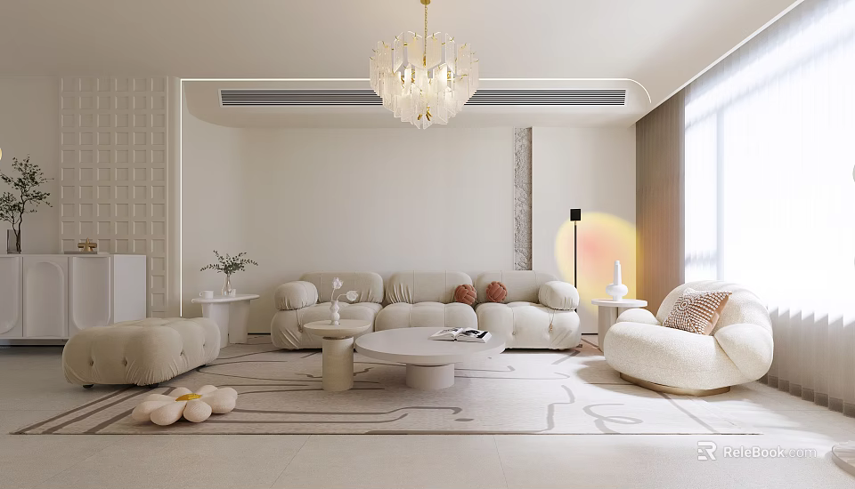 Light Cream Modern Living Dining Room Interior With Chandelier Sofa And Floor to Ceiling Window 3d model 