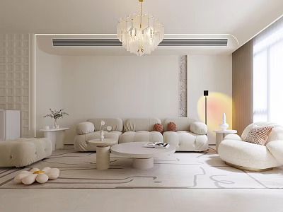 Light Cream Modern Living Dining Room Interior With Chandelier Sofa And Floor to Ceiling Window 3d model