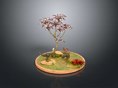 Decorative Tree With Dinosaur Models On Circular Base With Green Grass And Red Flowers 3d model