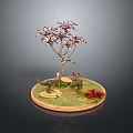 Decorative Tree With Dinosaur Models On Circular Base With Green Grass And Red Flowers
