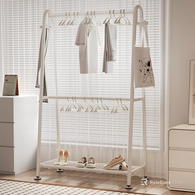 White Clothes Rack With Hanging Clothes Scarf Canvas Bag Lower Hooks And Shoes 3d model 