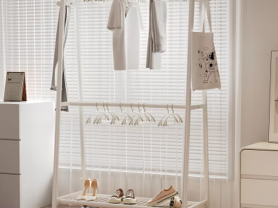 White Clothes Rack With Hanging Clothes Scarf Canvas Bag Lower Hooks And Shoes 3d model