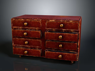 Red Vintage Chest of Drawers with Gold Knobs and Multiple Drawers Classic Furniture Design 3d model