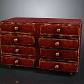 Red Vintage Chest of Drawers with Gold Knobs and Multiple Drawers Classic Furniture Design