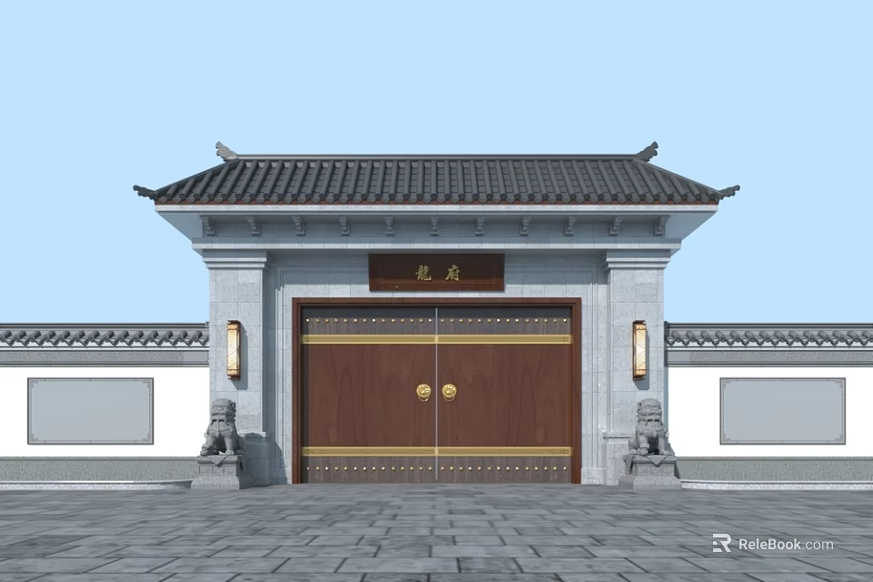 Traditional Chinese Entrance Gate With Black Tiled Roof Stone Lions And Wooden Doors 3d model 
