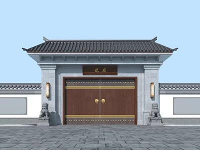 Traditional Chinese Entrance Gate With Black Tiled Roof Stone Lions And Wooden Doors 3d model