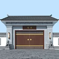 Traditional Chinese Entrance Gate With Black Tiled Roof Stone Lions And Wooden Doors