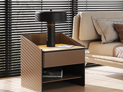 Modern Bedside Table With Leather Trim Table Lamp Tiered Shelf Sofa And Window Blinds 3d model