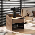 Modern Bedside Table With Leather Trim Table Lamp Tiered Shelf Sofa And Window Blinds