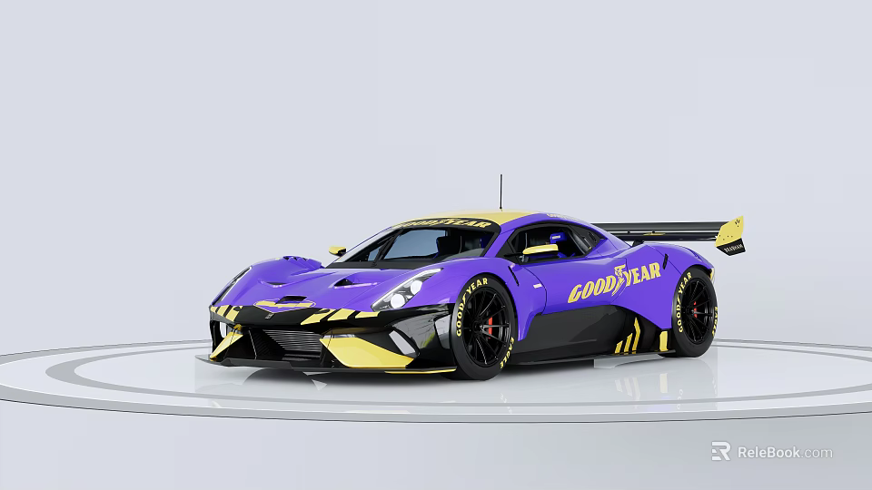 Purple Race Car With Yellow Accents And Goodyear Logo Streamlined Body Design 3d model 