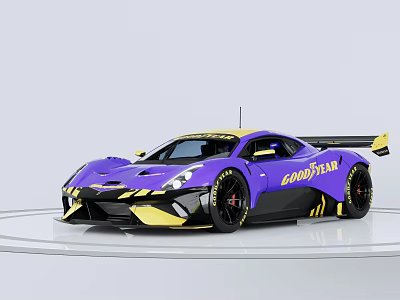 Purple Race Car With Yellow Accents And Goodyear Logo Streamlined Body Design 3d model