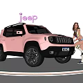 Modern Showroom Shelf Displaying Pink Jeep Car With Neon Sign And Model