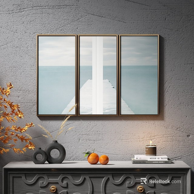 Minimalist Abstract Seascape Triptych Painting With White Pier Blue Gray Tones Modern Interior Wall Decor 3d model 