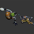 Green And Yellow Animated Characters In Orange Outfits Holding Weapons Standing Together