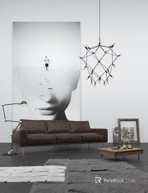 Brown Leather Three Seater Sofa With Mural Floor Lamp Geometric Pendant Light And Coffee Table 3d model 