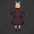 Game Movie Character With Blonde Hair Blue Bow Dark Coat White Stockings And Black Boots