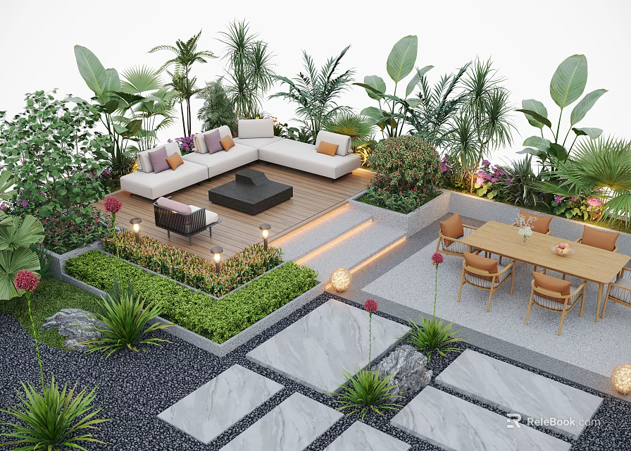 Elegant Patio Garden Design with Wooden Deck Seating Dining Area Green Plants and Stone Pathway 3d model 