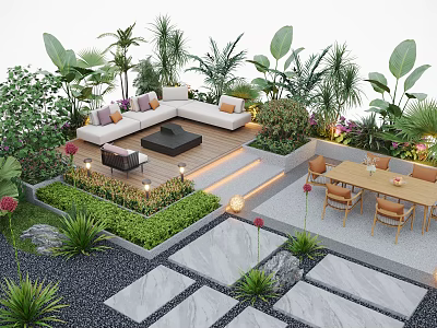 Elegant Patio Garden Design with Wooden Deck Seating Dining Area Green Plants and Stone Pathway 3d model