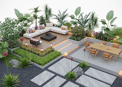 Courtyard landscape outdoor sofa flower pool landscape plants outdoor lighting 3d model