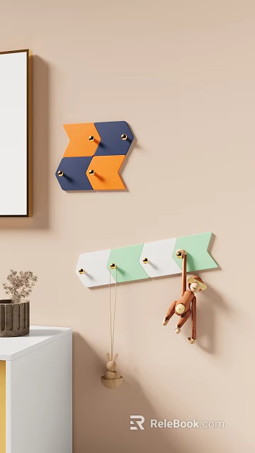 Colorful Geometric Wall Hooks Orange Blue Green White Hanging Monkey Toy Beige Wall Decor 3d model 