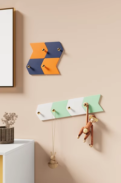 Colorful Geometric Wall Hooks Orange Blue Green White Hanging Monkey Toy Beige Wall Decor 3d model