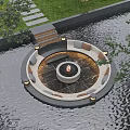 Courtyard Garden Design With Circular Fire Pit Seating Water Feature Stone Pathway And Greenery