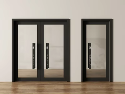 Modern Interior Double Doors With Glass And Black Frames Against White Wall And Wooden Floor 3d model