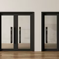 Modern Interior Double Doors With Glass And Black Frames Against White Wall And Wooden Floor