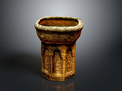 Ancient Terracotta Sculpture Carving With Intricate Relief Designs And Decorative Base 3d model