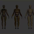 Three Humanoid Creature Characters Standing Side By Side With Textured Suits And Blue Gloves 3d model