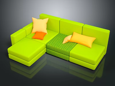 Vibrant Green L Shaped Sofa With Orange Yellow Pillows And Checkered Blanket 3d model