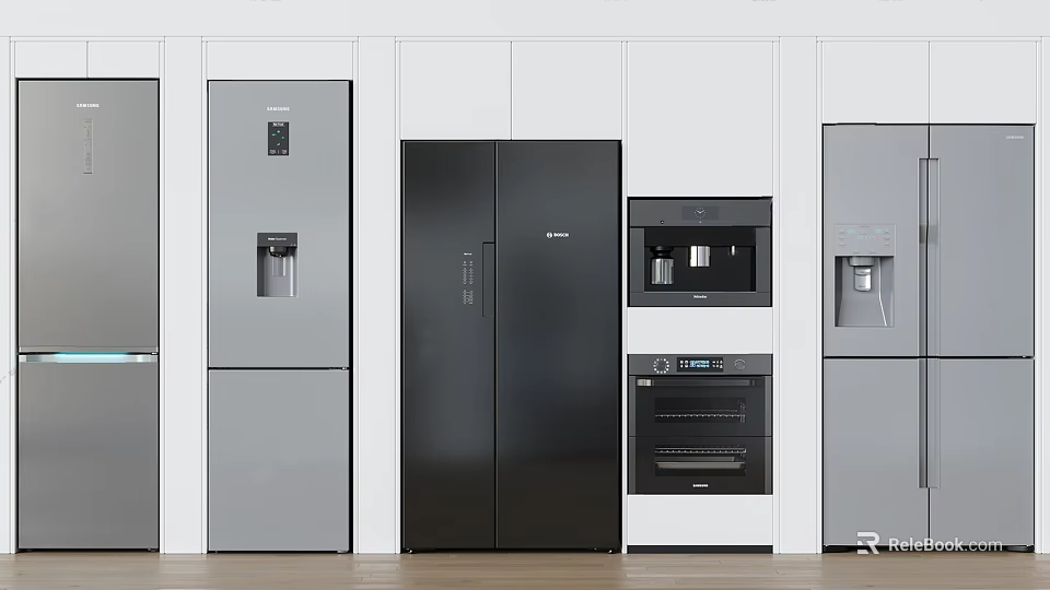 Modern Kitchen Interior With Black Silver Refrigerators Freezers And Built In Appliances 3d model 