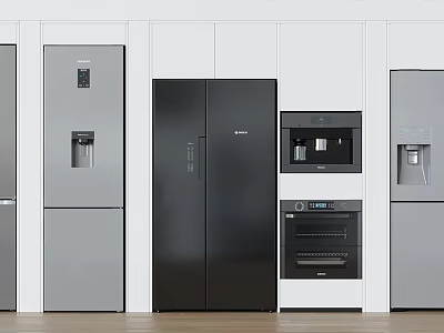 Modern Kitchen Interior With Black Silver Refrigerators Freezers And Built In Appliances 3d model