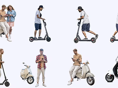 People Riding Electric Scooters And Standing With Electric Mopeds Using Phones 3d model