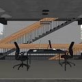 Modern Public Office Space With Wooden Staircase Desk Computers Chairs And Ceiling Lights